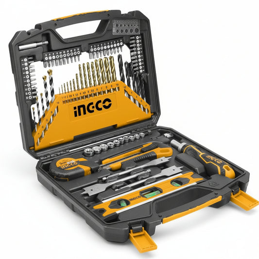 A professional tool set by INGCO, containing various drill bits, screwdriver bits, sockets, and other accessories, neatly organized in an open black and yellow case with tools visible.