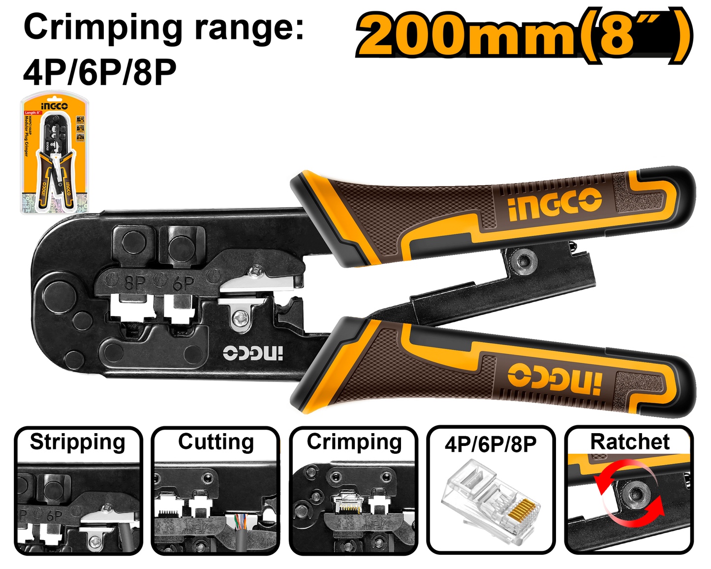 INGCO HMPCN2468R Crimping Plier Modular Plug Crimper