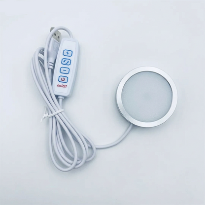Silver USB LED puck light, 60 mm, warm and cool white, with 4-button dimmer controller
