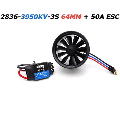 YSIDO 2836-3950kv-3s 64mm RC EDF Motor Duct Fan 11-Blades with 2S-4S 50A ESC Brushless Power for RC JET Aircraft Airplane EDF Plane Parts