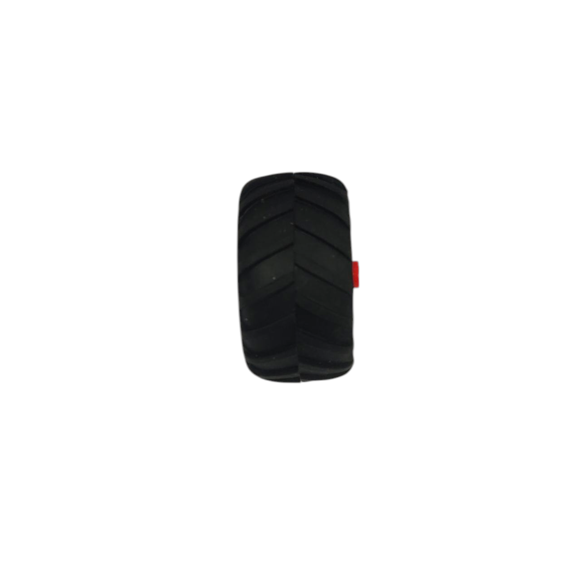 Black tire with tread pattern on a white background