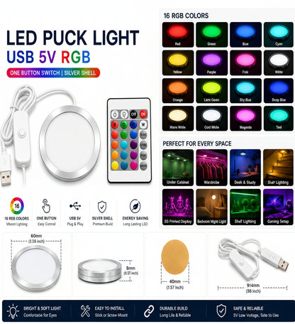 A product infographic for an LED puck light USB 5V RGB. The image features a clean white background with product renderings of the silver circular light, its white cable, and a black remote control.