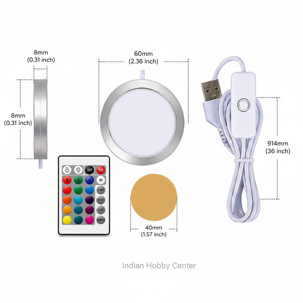 A USB LED under-cabinet light kit by ihc, showing the round silver metal light panel, a white remote control with a multicolor LED palette, a white USB cable with a switch, a small round gold heat sink, and dimension labels on a white background.