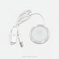 A white USB-controlled LED under-shelf light with a circular silver metal frame, white cable, and inline switch on a white background.