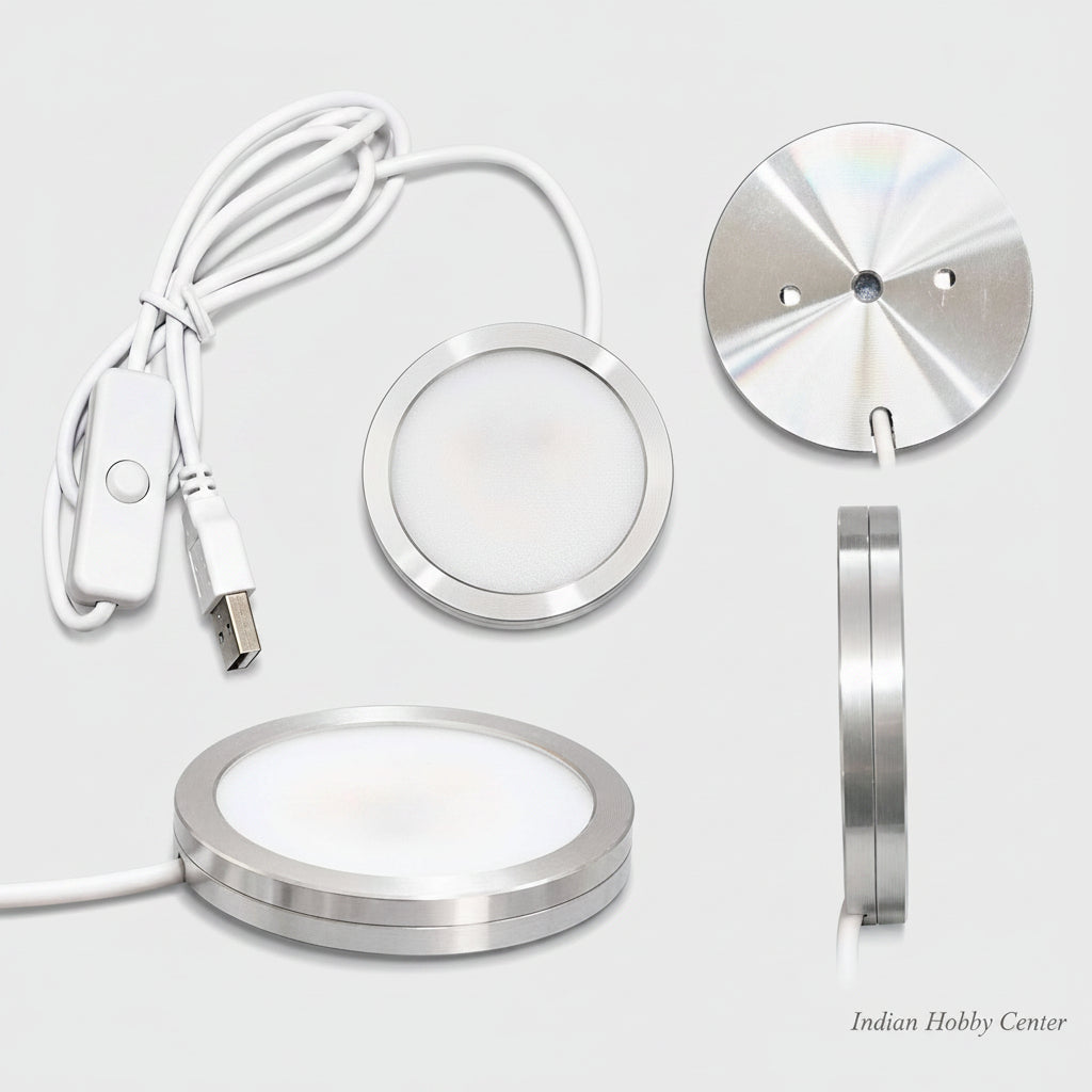 A round LED light bar kit with a brushed silver metal casing, white diffuser, white power cable with inline switch, shown from multiple angles on a white background.