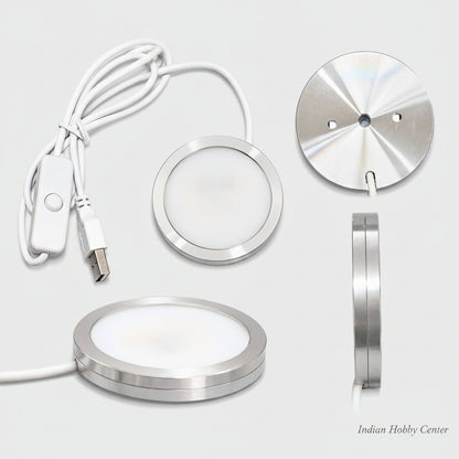 A round LED light bar kit with a brushed silver metal casing, white diffuser, white power cable with inline switch, shown from multiple angles on a white background.