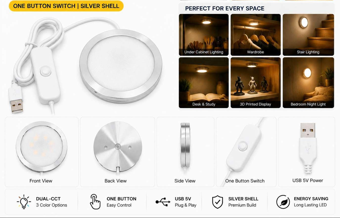 LED puck light USB 5V dual-CCT silver shell puck light with white one-button switch, shown with front, back, and side views, illumination examples, and feature icons on a white background.