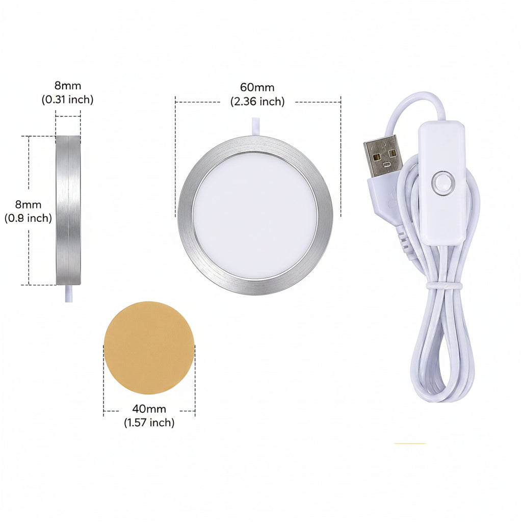 A white and silver recessed LED light with dimension labels showing 60mm diameter, 8mm depth, and a 40mm circular mounting pad, alongside a white USB cable and switch on a light gray background.