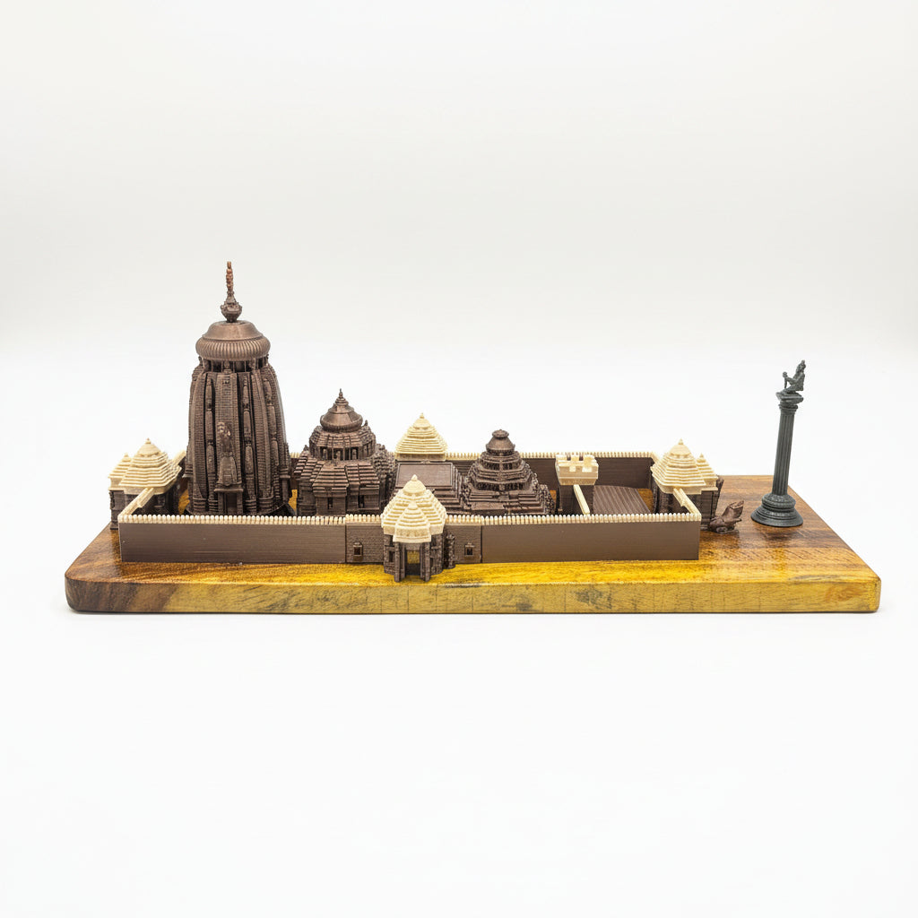 A detailed miniature temple model set on a wooden base, displayed on a dark blue table with office chairs and another model in the background.