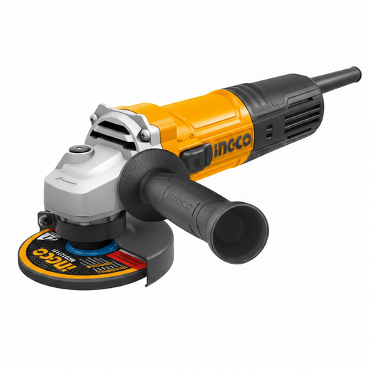 An INCCO angle grinder with a black and yellow body, a gray metal housing, a black protective guard, and a circular cutting disc, shown on a solid white background.