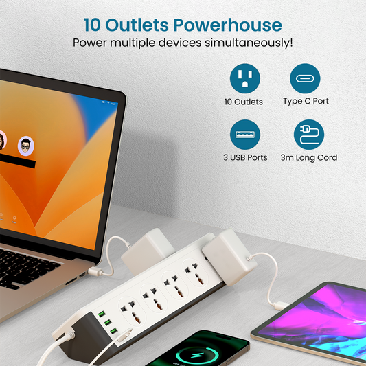 Portronics POR 2072 Power Plate 14 Extension Board with 10 Universal Sockets, 25W Type-C PD, 3 USB Charging Ports, 3 Meter Long Cord, 2500 Watts, 2.1 Amp USB Output, Multi Plug for Home Appliances (White)