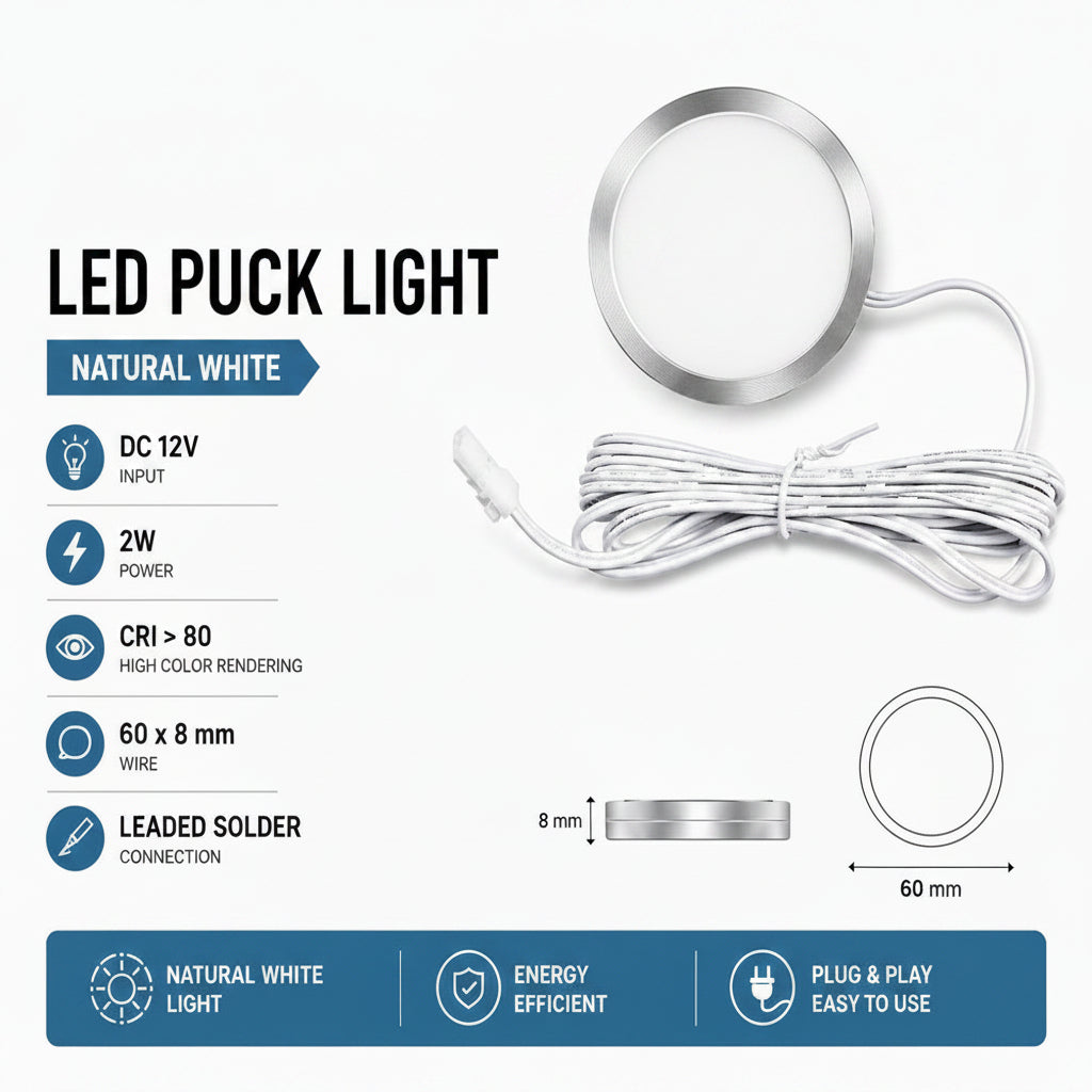 LED puck light in natural white shown on a light gray background with product specs, dimensions, and connection details. The circular light with a silver metal edge and attached white cable is displayed alongside text listing DC 12V input, 2W power, CRI > 80, 60 x 8 mm wire, and led solder connection.