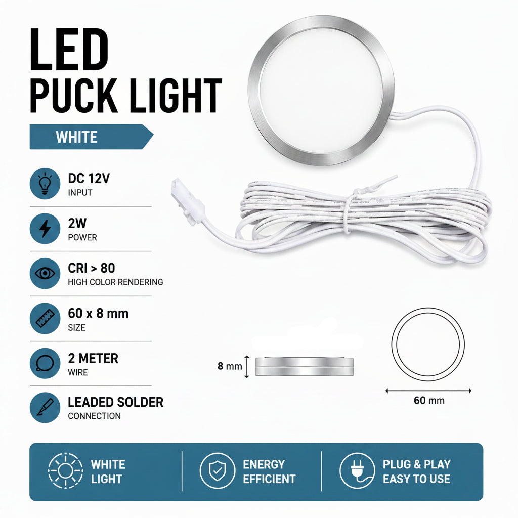 White LED puck light with a silver metal rim, coiled white cable, and technical specifications on a blue and white background.