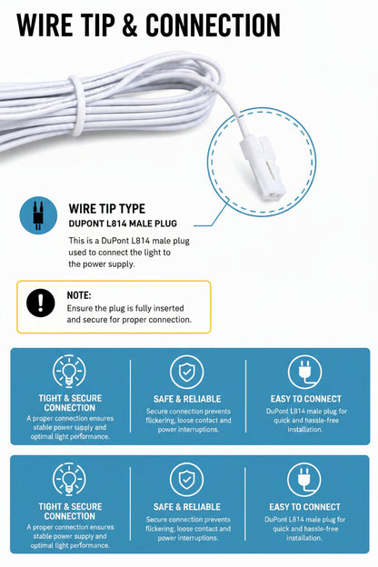 An informational product graphic for a cable light showing a white wire with a Dupont LB8 male plug wire tip, plus text and icons explaining how to connect it to a power supply. 