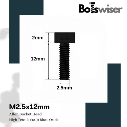 M2.5x12mm Hex (Allen) Socket Head High Tensile(12.9) Black Oxide Screw (Pack of 10)