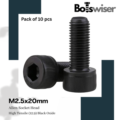 M2.5x20mm Hex (Allen) Socket Head High Tensile(12.9) Black Oxide Screw (Pack of 10)