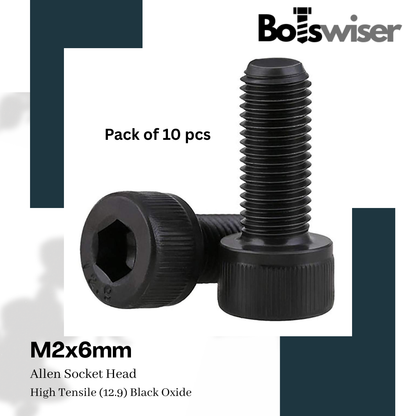 M2x6mm Hex (Allen) Socket Head High Tensile(12.9) Black Oxide Screw (Pack of 10)