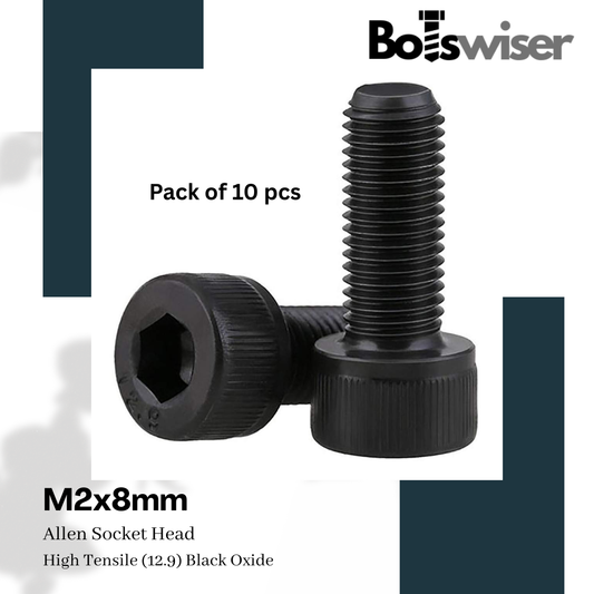M2x8mm Hex (Allen) Socket Head High Tensile(12.9) Black Oxide Screw (Pack of 10)