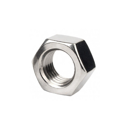 A single hex nut made of metal with a shiny finish, isolated on a white background.