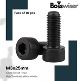 M3x25mm Hex (Allen) Socket Head High Tensile(12.9) Black Oxide Screw (Pack of 10)