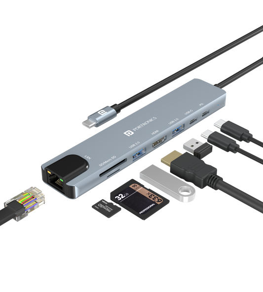 Portronics POR-2149 Mport 8 USB-C USB Hub / Docking Station(8-in-1) with 4K 30Hz HDMI, 100 Mbps Ethernet, USB 3.0, microSD/SD Card Reader, Type-C Data, PD Charging, USB 2.0, Type-C Plug