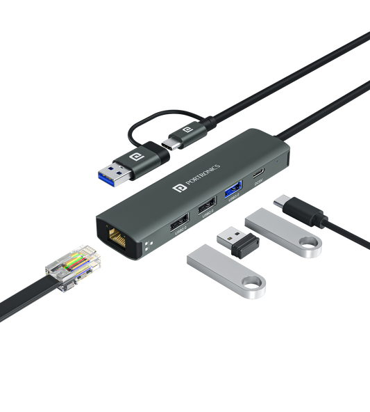 Portronics POR-2931 MPort Edge 5 Ports Dual USB Hub Dock, Superfast USB 3.0, High Speed 2.0, Type-C 5V2A Port, 100 Mbps RJ45 Ethernet,Versatile & High-Speed Connectivity Hub (Grey)
