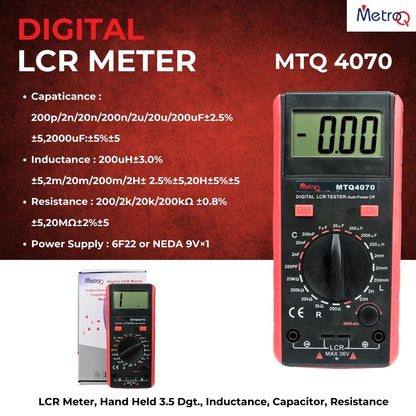 Digital LCR Meter MTQ 4070 with specifications on a red background