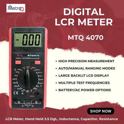 Digital LCR Meter MTQ 4070 with MetroQ branding on a red background