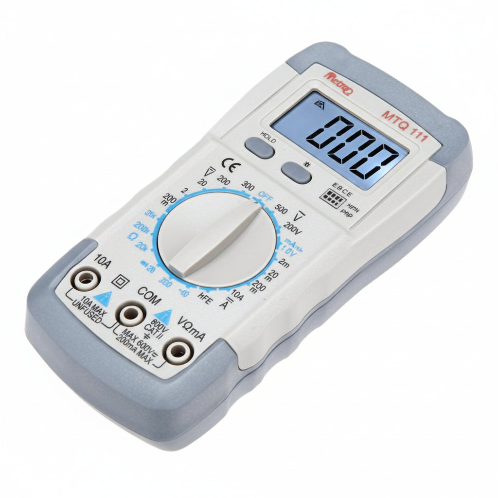 Digital multimeter with an LCD screen, dual-slope integrating A/D converter system, and various measurement settings displayed on the screen.