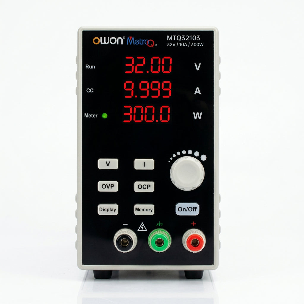 An Owon Metro digital multimeter power supply, model MTQ52103, featuring a black faceplate with red LED displays showing 32.00 V, 9.