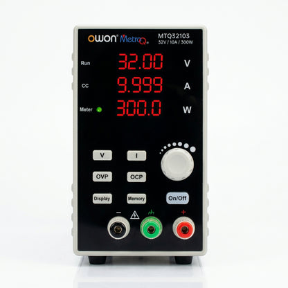 An Owon Metro digital multimeter power supply, model MTQ52103, featuring a black faceplate with red LED displays showing 32.00 V, 9.