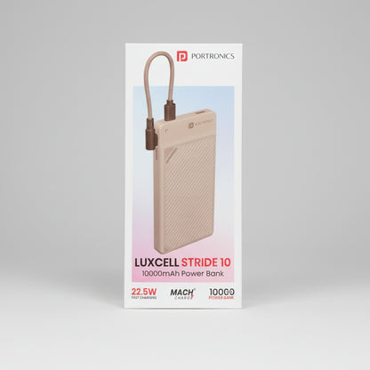 Portronics Luxcell Stride 10 power bank packaging on a brown background