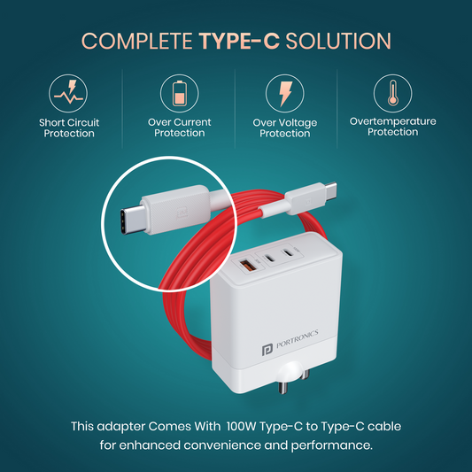 Portronics POR 2492 Adapto 100 W 2 Type C Port, 1 USB Port Type C to Type C 100W Charging Cable
