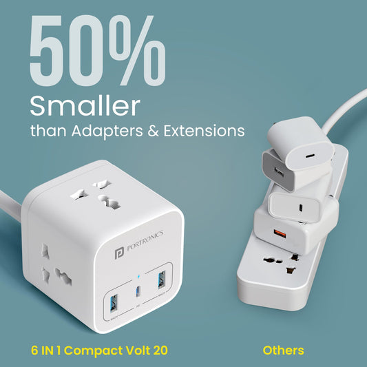 Portronics POR 2846 20W Volt 20 High Speed Smart Desktop Charger with 3M Copper Cable, Type C PD Port, 2 USB Mach Port, 3 AC Power Socket, Compatible with Laptop,Smartphones,iPhones,Tablet,Power Bank(White)
