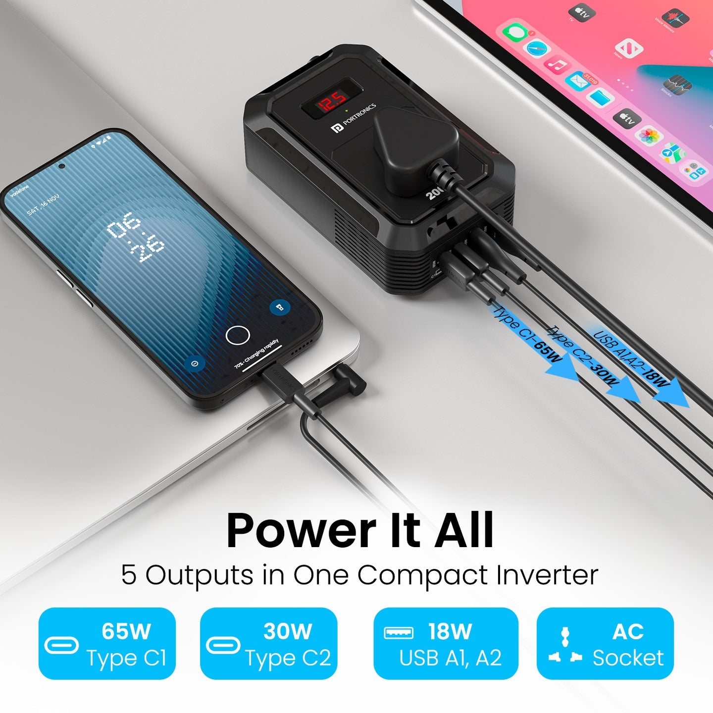 Portronics POR-3247 Car Power III Pro – 3-in-1 Car Charger with Dual USB & Type-C PD Fast Charging