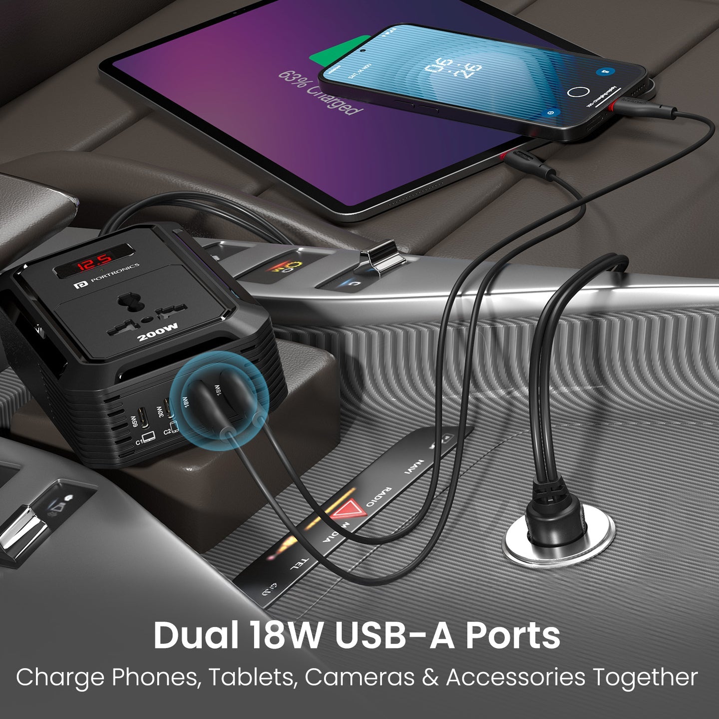 Portronics POR-3247 Car Power III Pro – 3-in-1 Car Charger with Dual USB & Type-C PD Fast Charging