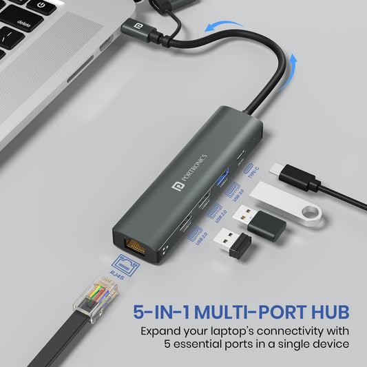 Portronics POR-2931 MPort Edge 5 Ports Dual USB Hub Dock, Superfast USB 3.0, High Speed 2.0, Type-C 5V2A Port, 100 Mbps RJ45 Ethernet,Versatile & High-Speed Connectivity Hub (Grey)