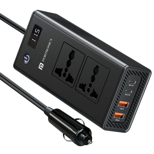 Portronics POR-3269 Zaptor 200w Car Inverter with Dual AC Socket, Type C PD and USB A