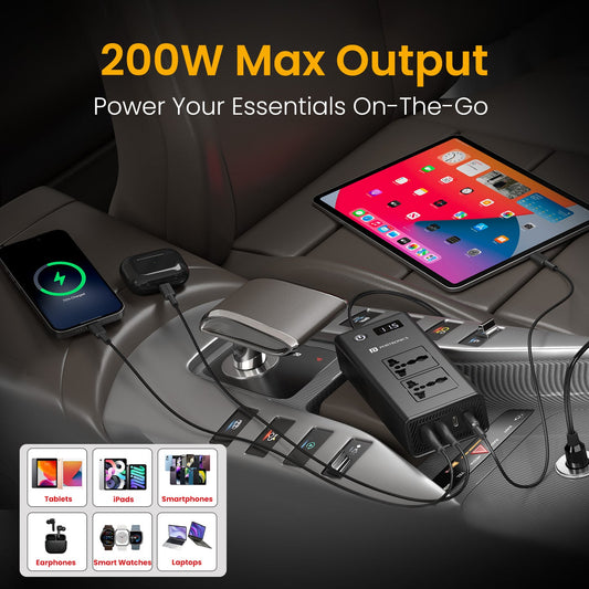 Portronics POR-3269 Zaptor 200w Car Inverter with Dual AC Socket, Type C PD and USB A