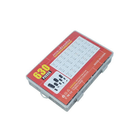 630PCS 24 Type (0.1uF-1000uF) Electrolytic Capacitor with Durable Plastic Storage Box