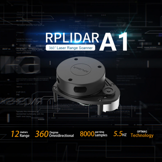 RPLIDAR A1 laser range scanner with technical specifications on a dark background