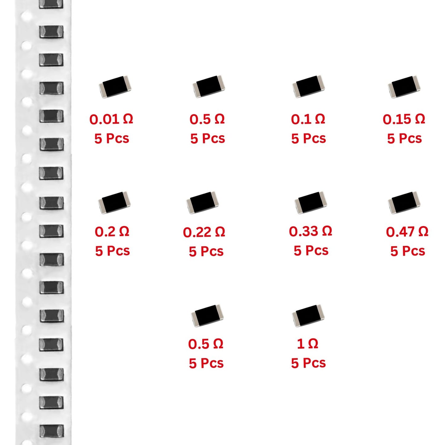 Elepak SMD Resistor 2512 2W ±1% Pak 0E01 to 1E 50 Pcs 10 Values
