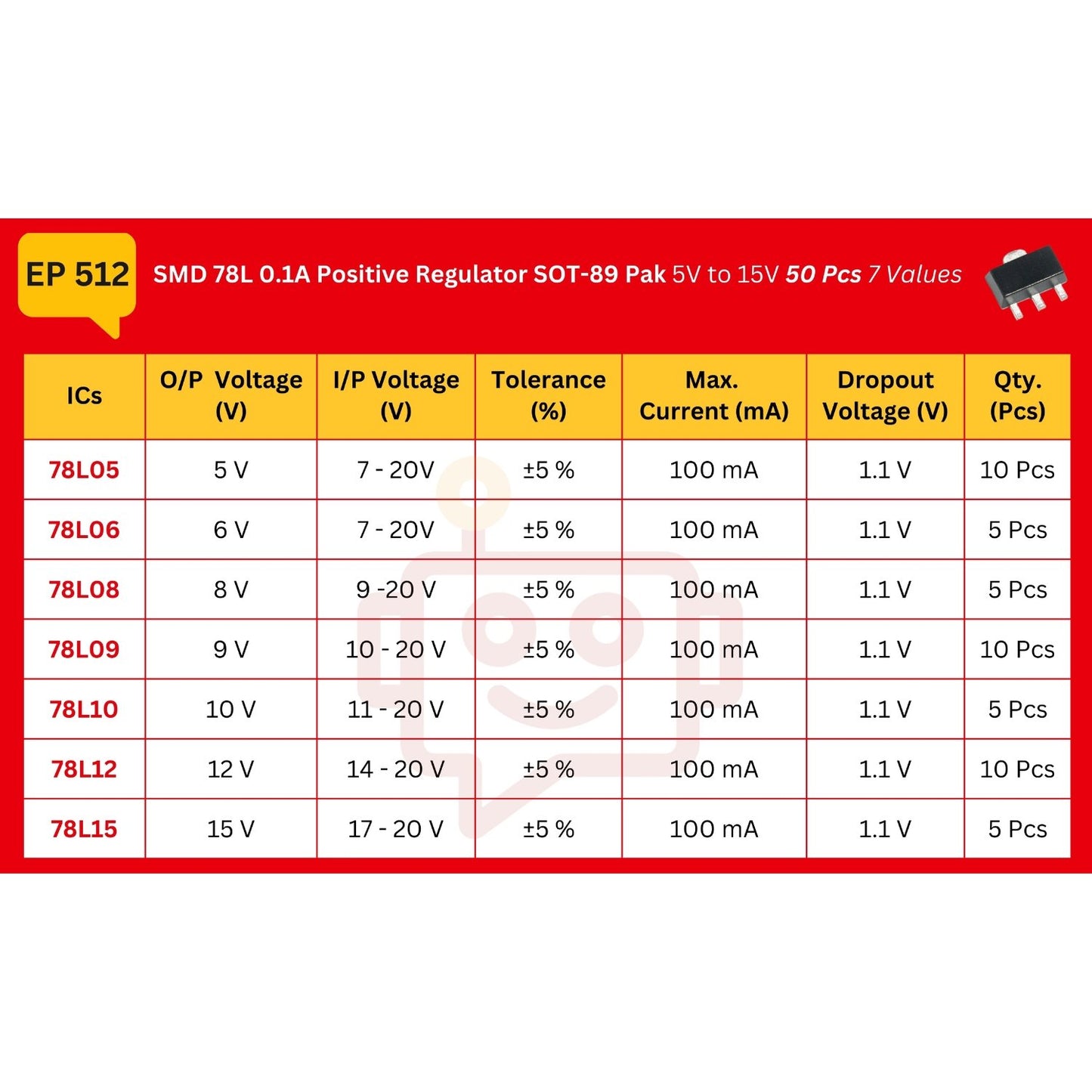 Elepak SMD 78L 0.1A Positive Regulator SOT-89 Pak 5V to 15V 50 Pcs 7 Values