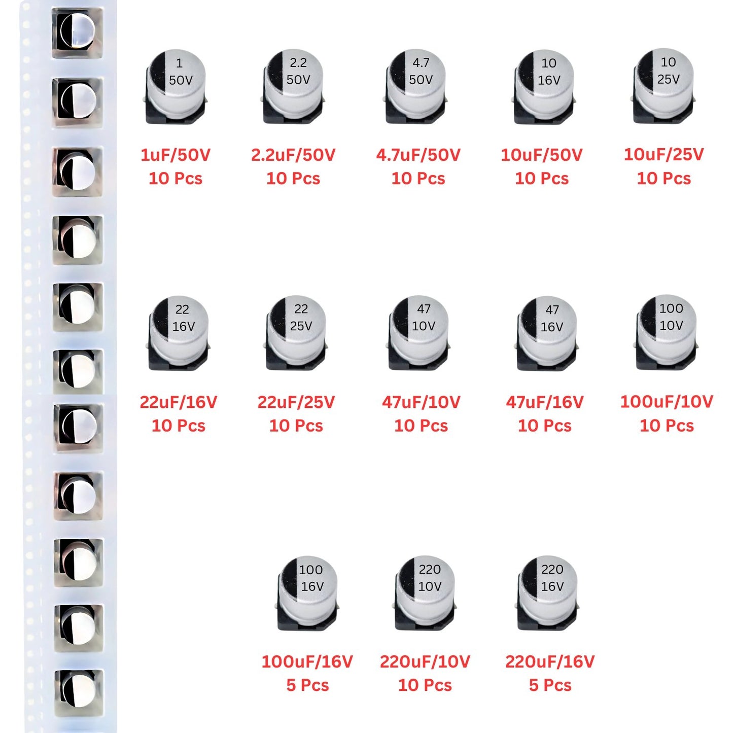 Elepak SSMD Electrolytic Capacitor Pak 1µF to 220µF 120 Pcs 13 Values