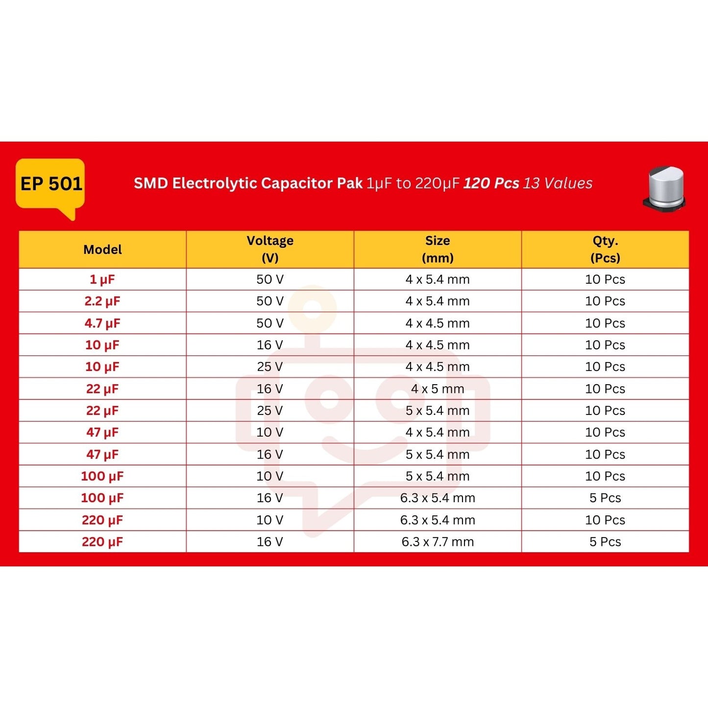 Elepak SSMD Electrolytic Capacitor Pak 1µF to 220µF 120 Pcs 13 Values