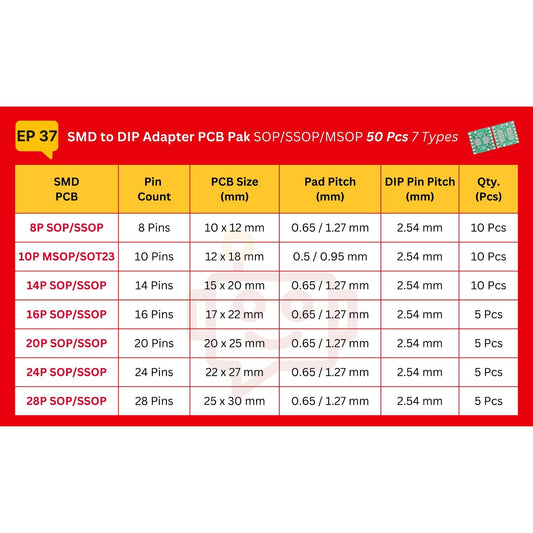 Elepak SMD to DIP Adapter PCB Pak SOP/SSOP/TSOP 50 Pcs 7 Types