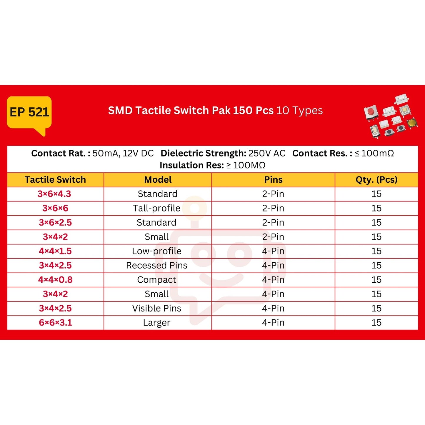 Elepak SMD Tactile Switch Pak 150 Pcs 10 Types