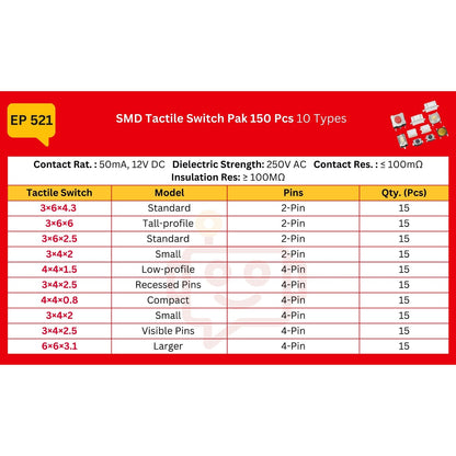 Elepak SMD Tactile Switch Pak 150 Pcs 10 Types