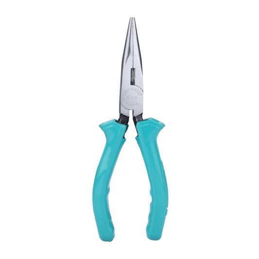 Pair of long-nose pliers with turquoise handles on a white background
