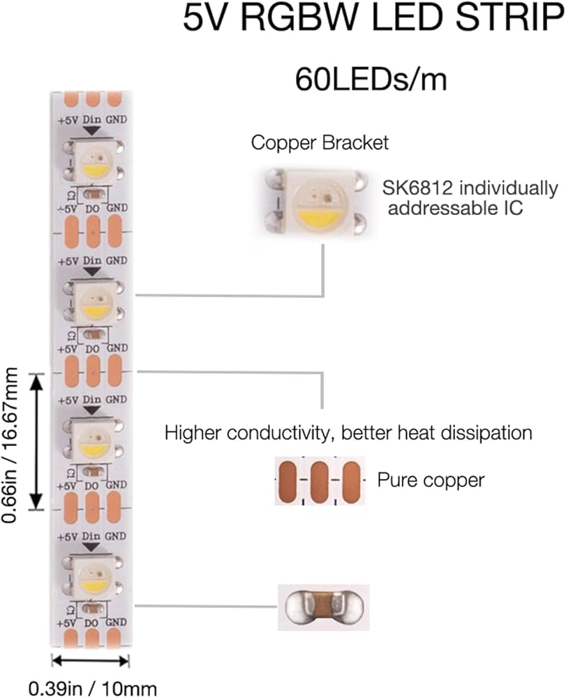 SK6812 RGBWW LED Strip Light 4 in 1 Similar WS2812B 1 m 60 LEDs Individually Addressable RGBWW LED Lights IP30 5V (1 Meter)